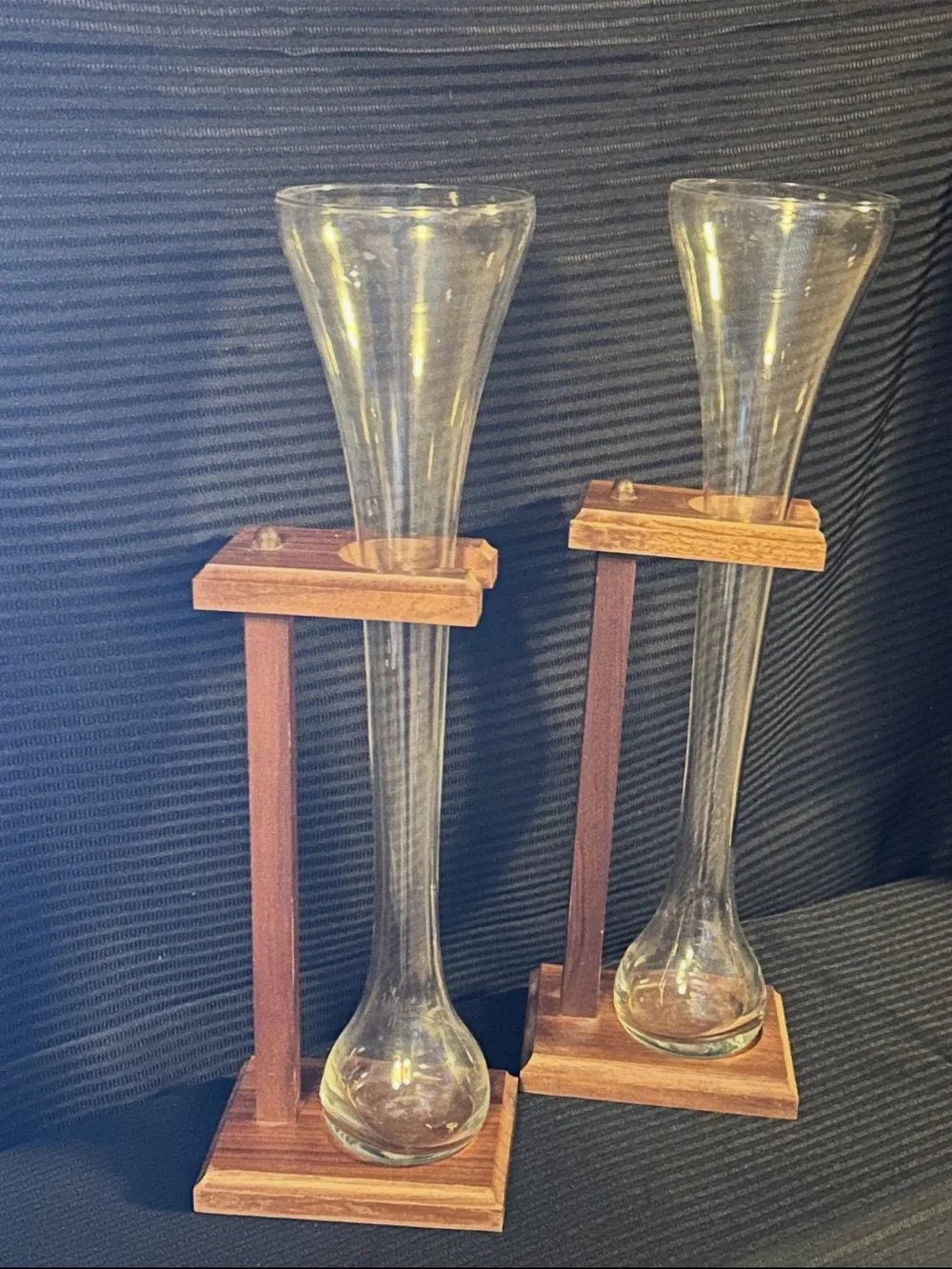 Vintage Pair Half-Yard Ale Beer Glasses w/ Wooden Stands